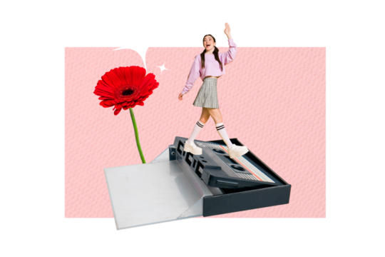 Creative collage picture young cheerful walk step wave hand hello say greeting record tape cassette flower blossom entertainment