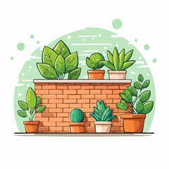 Brick Wall with Potted Plants and Cactus