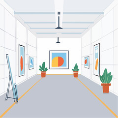 Modern Art Gallery Interior with Abstract Paintings and Plants