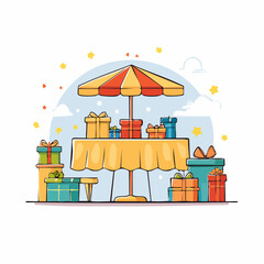 Festive Gift Table with Umbrella Under a Light Blue Sky