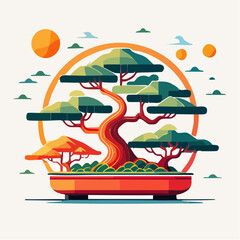Pixel Art Bonsai Tree in Orange Pot with Sun and Clouds
