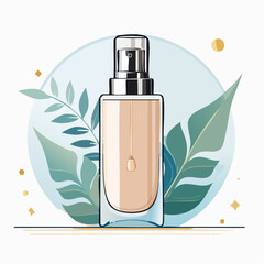 Beige Cosmetic Bottle with Green Leaves on Light Blue Background