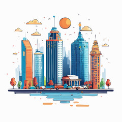 Vibrant Cityscape Illustration with Modern Architecture and Sunset