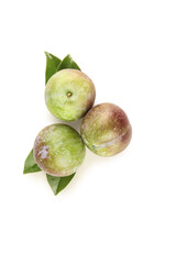 Fresh Sichuan Qinghong Plums Sweet Fruit with Leaves on White Background