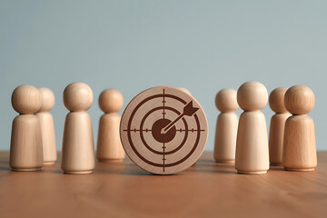 Wooden peg people arranged around a dartboard target symbolizing goals and objectives