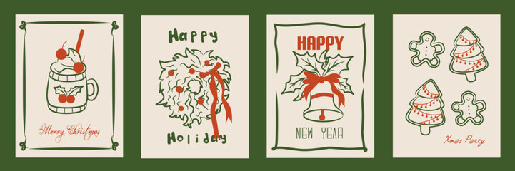 Hand drawn la dolce vita Christmas doodles. Vector illustration cards icon with bows, drink and wreath. Minimalist winter line art for invitations, stationery, printables, social media, wall art.