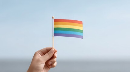 Fototapeta premium LGBTQ story A hand holds a rainbow flag against a blue sky, symbolizing pride and inclusivity.