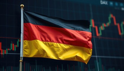 German flag waving in front of a stock market chart. The flag features black, red, and yellow horizontal stripes. The chart shows fluctuating financial data.