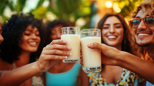 Friends enjoying a joyful toast at a sunny multicultural gathering by the pool