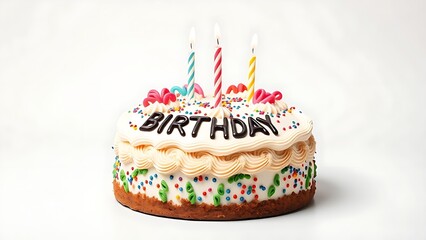 Festive birthday cake with decorative icing showcased in a clean, professional studio setup.