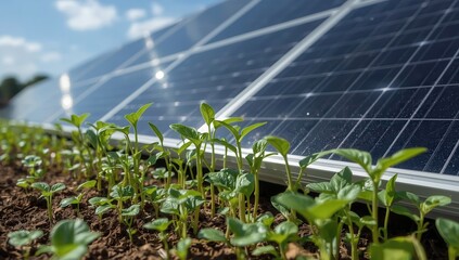 Solar panels and plants, renewable energy with crops. Green energy and food growing together.