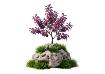 A detailed illustration of a miniature plum tree, with vibrant purple foliage and rich dark plums, positioned atop a weathered stone, surrounded by a bed of short green grass, set against a plain...