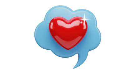 Isolated 3d glossy red heart in a light blue speech bubble, loving message concept