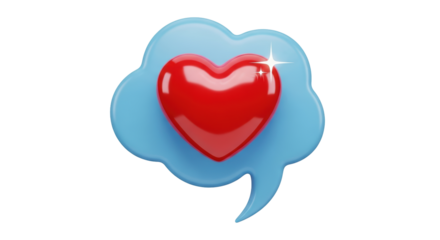 Isolated 3d glossy red heart in a light blue speech bubble, loving message concept