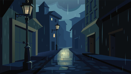 Atmospheric old european city alleyway illuminated by street lamp vector illustration