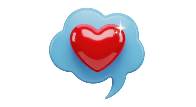 Isolated 3d glossy red heart in a light blue speech bubble, loving message concept - Powered by Adobe