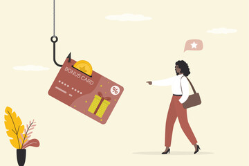 Caught in the trap of shopping. Bonus card on fishing hook. Big sale, marketing, promotion campaign. Loyalty, cash back. Business bait, happy woman customer go to shopping.