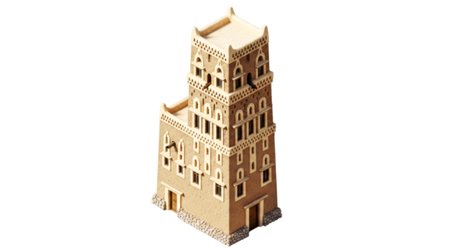 yemenite tower house ancient architecture 3d model, isolated on transparent background