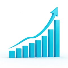 Dynamic blue bar chart and upward trend arrow showcasing business growth and success isolated on white background