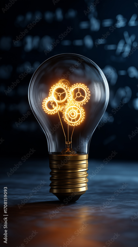 Poster light bulb with glowing gears inside symbolizing innovation and ideas.