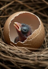 Tiny Nestling Hatching from Cracked Brown Egg in Straw Nest
