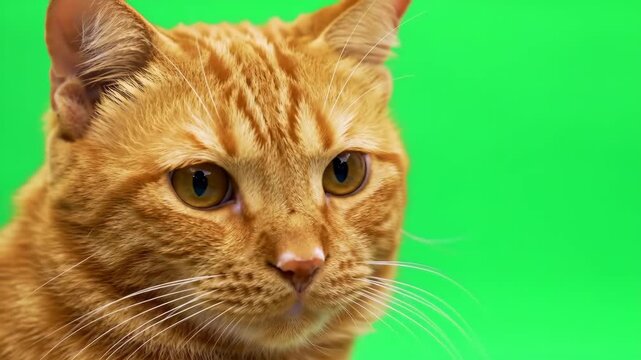 Ginger Cat Closeup Adorable Face on Green Screen