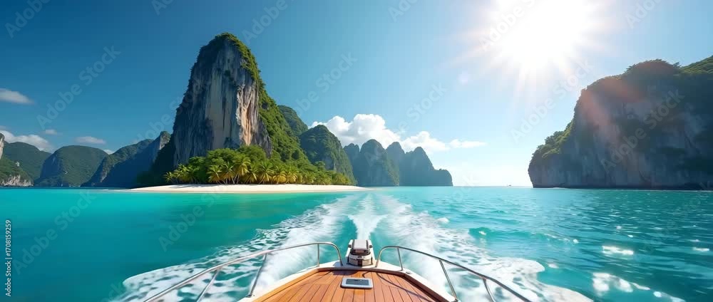 Poster panoramic island view from boat featuring rugged limestone cliffs turquoise lagoon and swaying palms