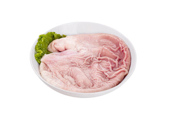 Raw Pork Belly with Thick Fat Layer and Hairy Skin in White Plate on White Background