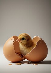 Fuzzy Yellow Chick Hatching from Brown Egg Shell on White Surface