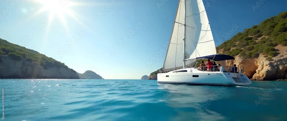 Poster group embarks on sea adventure day aboard sleek sailboat exploring hidden coves and azure waters und