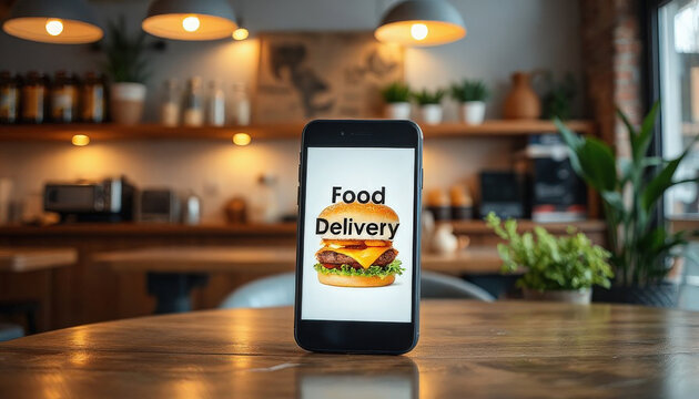 A smartphone displaying a food delivery app with a burger icon. The background features a cozy cafe setting with wooden furniture and plants.