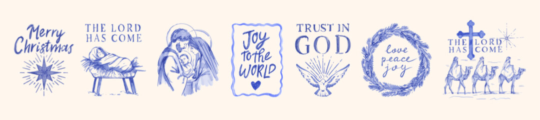 Christmas holiday religion print, Jesus nativity hand drawn watercolor bible spirit illustration. Mary and Joseph celebration, doodle catholic lettering, star symbol, dove postcard. Christmas nativity