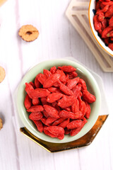 Dried Red Goji Berries Wolfberries from Ningxia in Bowl Healthy Superfood Traditional Chinese Medicine