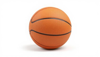 An orange basketball with black lines on a white background. The ball is round and textured, suitable for sports and recreational activities.