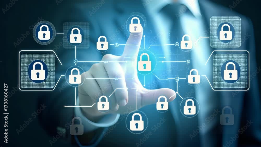 Poster business professionals using global network security technology with encryption and padlock icons on