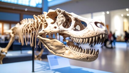 A skeletal dinosaur exhibit. The massive skull & ribcage of a Tyrannosaurus Rex displayed in a bright museum setting. Visitors blurred in the background