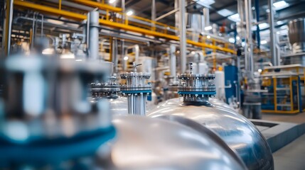 Fototapeta premium Industrial manufacturing facility showcasing large metallic tanks and intricate piping systems