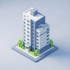 나무가 있는 아파트 건물 아이소메트릭 3D 일러스트
