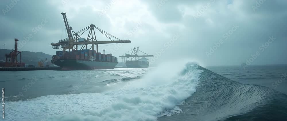 Aufkleber massive tsunami waves inundating shipping port terminal cranes submerged container stacks turmoil en