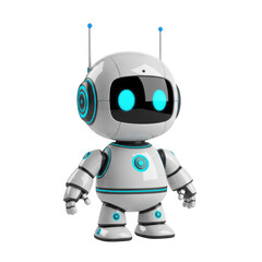 Cute futuristic robot with glowing blue eyes and antennas standing upright isolated on white