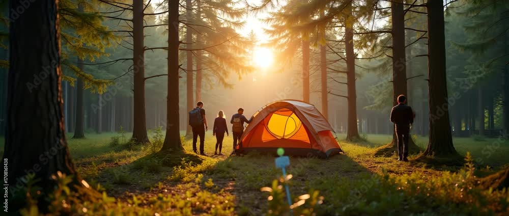 Poster expedition team sets up sturdy tent in forest clearing beneath dense canopy filtering golden light f