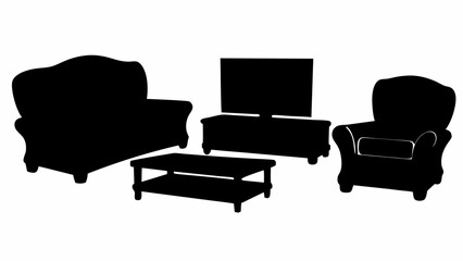Silhouette of living room furniture including sofa armchair tv stand and coffee table in black and white