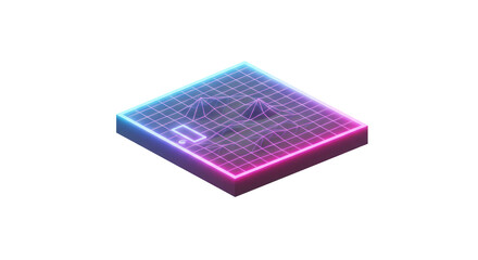 A vibrant isometric grid featuring abstract geometric shapes illuminated by glowing blue and pink neon lights, representing digital landscapes or technological concepts.