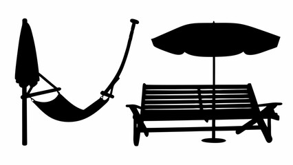 Silhouette of a hammock with stand and a bench with umbrella providing shade on a white background scene