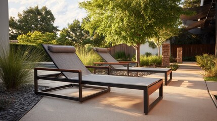 Two modern outdoor lounge chairs on a light-colored patio.