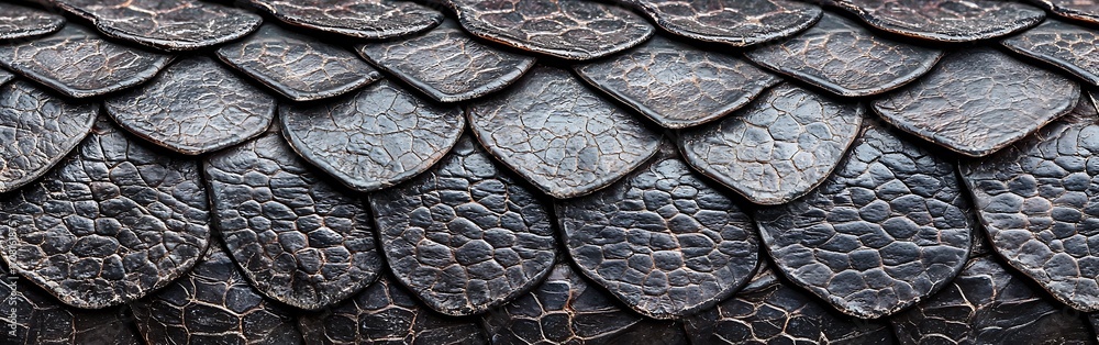 Poster a close-up view of textured, overlapping scales, showcasing intricate patterns in dark, earthy tones
