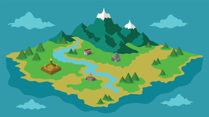 Fantasy world map vector illustration island mountains river forest and clouds scalable eps