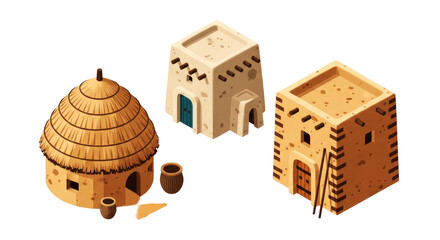 african desert village isometric 3d models of traditional dwellings, isolated on transparent background