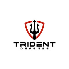 A powerful black trident emblem is centered within a bold red shield, symbolizing strength, protection, and security in a modern graphic design.
