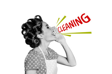 Composite trend artwork sketch photo collage of retro picture vintage obsolete style young woman housewife say loud speak cleaning task
